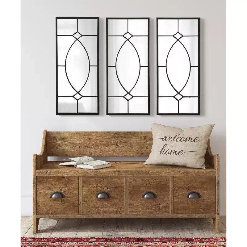 13x30" Black Rectangle Metal Decorative Wall Mirror, Farmhouse Window-Inspired with Iron Finish Inlay