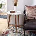 Round Marble Accent Table, White Marble Top with Brass Inlay and Acacia Wood Tapered Legs, No Assembly