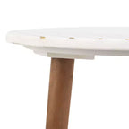 Round Marble Accent Table, White Marble Top with Brass Inlay and Acacia Wood Tapered Legs, No Assembly