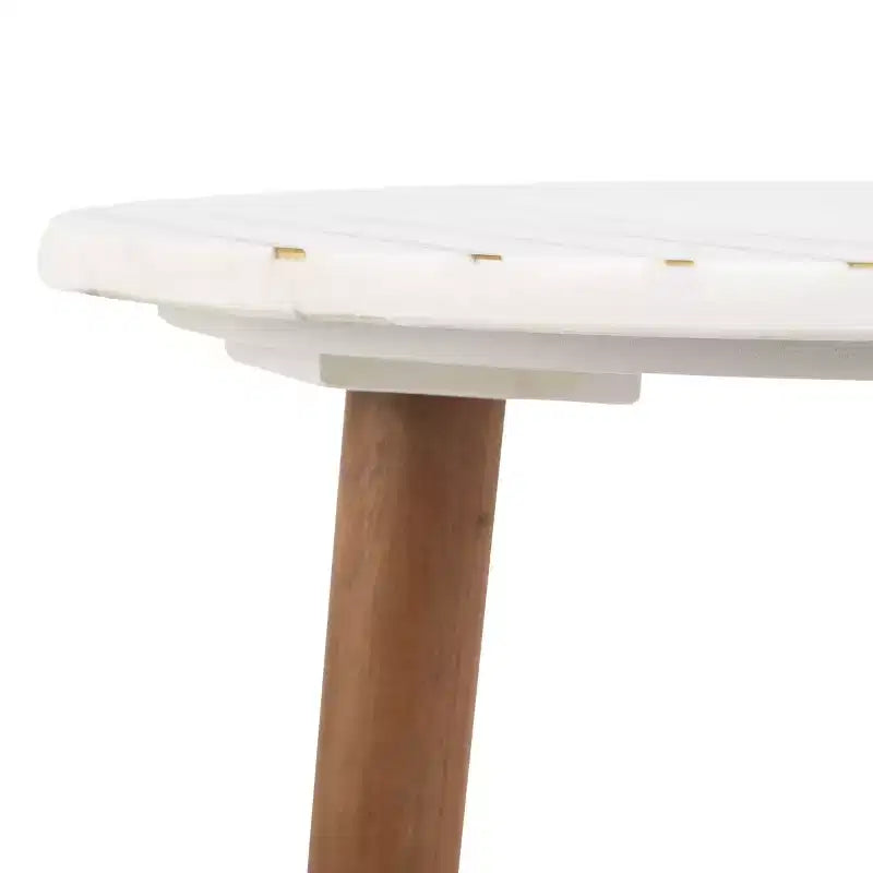 Round Marble Accent Table, White Marble Top with Brass Inlay and Acacia Wood Tapered Legs, No Assembly
