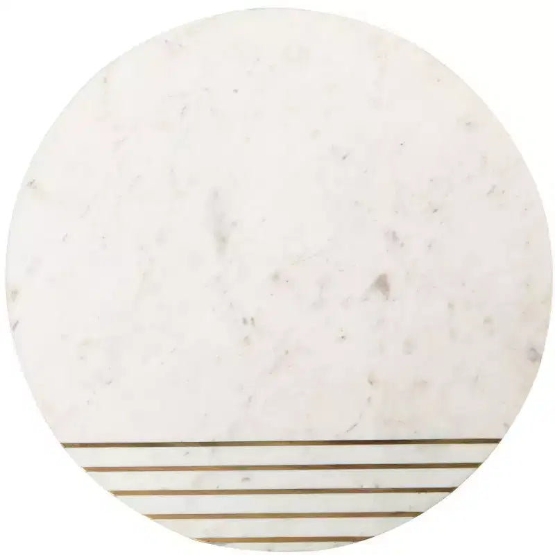 Round Marble Accent Table, White Marble Top with Brass Inlay and Acacia Wood Tapered Legs, No Assembly
