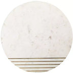 Round Marble Accent Table, White Marble Top with Brass Inlay and Acacia Wood Tapered Legs, No Assembly