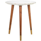 Round Marble Accent Table, White Marble Top with Brass Inlay and Acacia Wood Tapered Legs, No Assembly