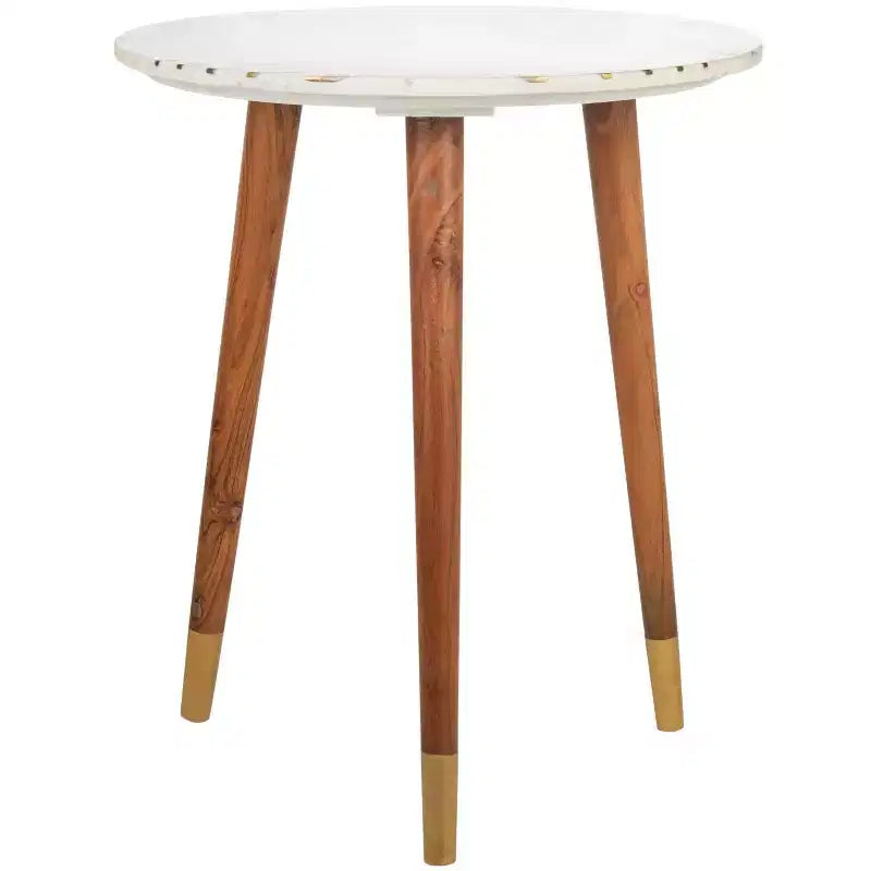 Round Marble Accent Table, White Marble Top with Brass Inlay and Acacia Wood Tapered Legs, No Assembly
