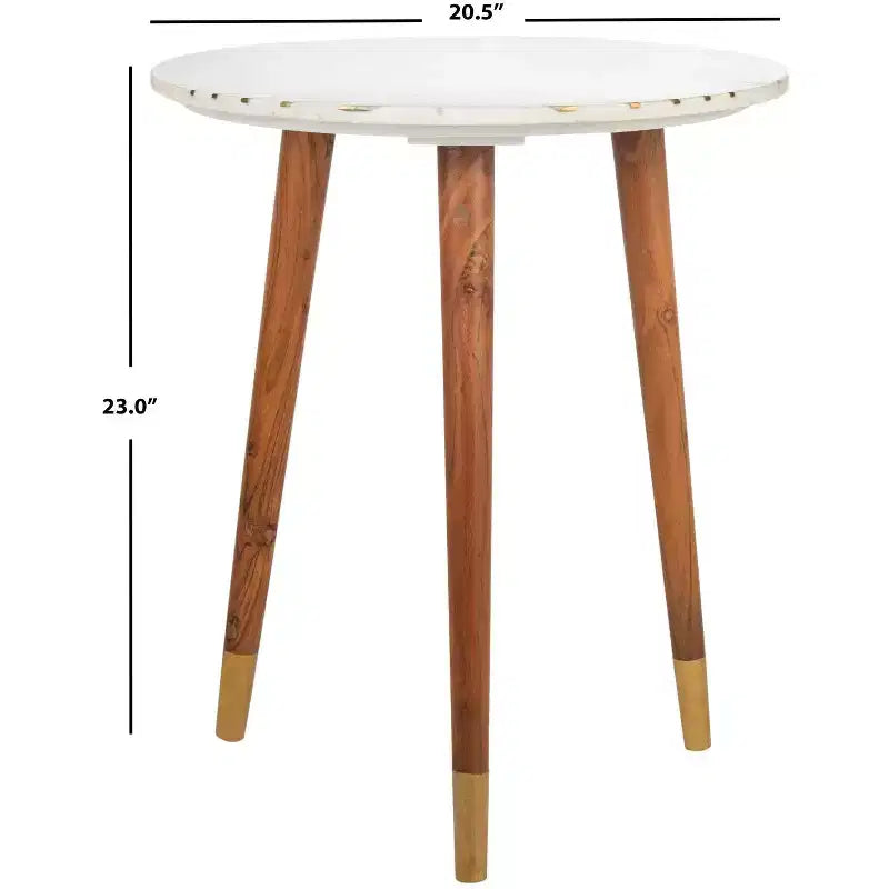 Round Marble Accent Table, White Marble Top with Brass Inlay and Acacia Wood Tapered Legs, No Assembly