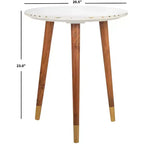 Round Marble Accent Table, White Marble Top with Brass Inlay and Acacia Wood Tapered Legs, No Assembly