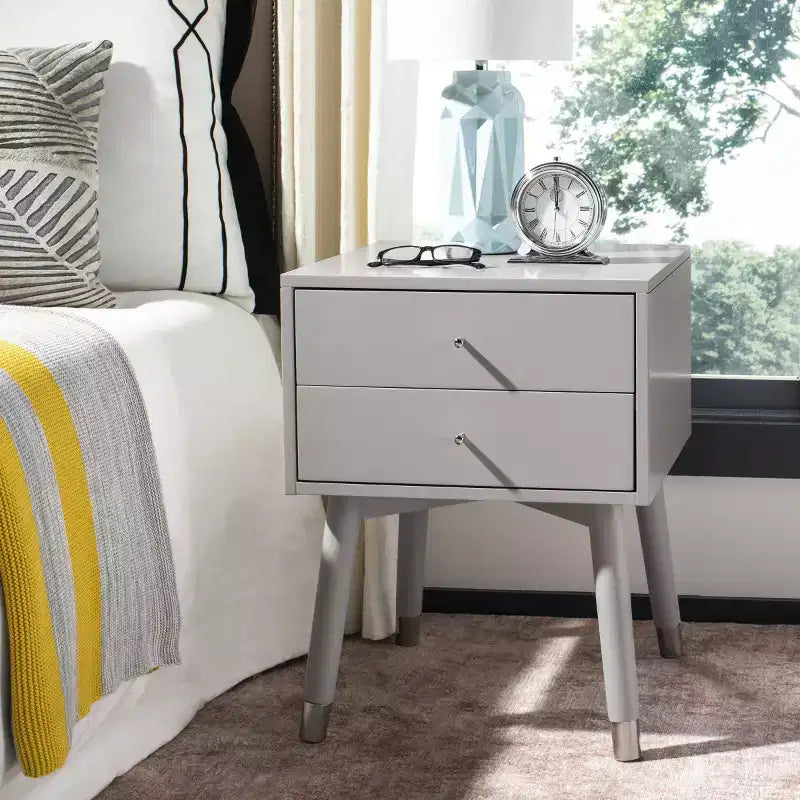 Retro Mid-Century 2-Drawer Nightstand, Navy with Gold Metallic Accents and Splayed Legs
