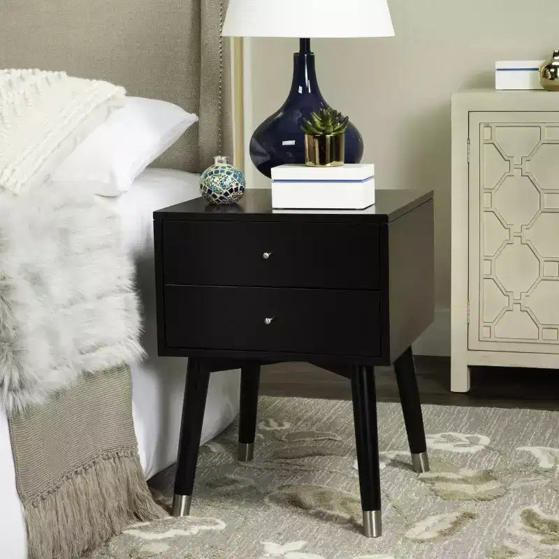 Retro Mid-Century 2-Drawer Nightstand, Navy with Gold Metallic Accents and Splayed Legs