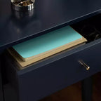 Retro Mid-Century 2-Drawer Nightstand, Navy with Gold Metallic Accents and Splayed Legs