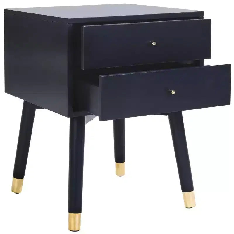 Retro Mid-Century 2-Drawer Nightstand, Navy with Gold Metallic Accents and Splayed Legs