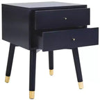 Retro Mid-Century 2-Drawer Nightstand, Navy with Gold Metallic Accents and Splayed Legs