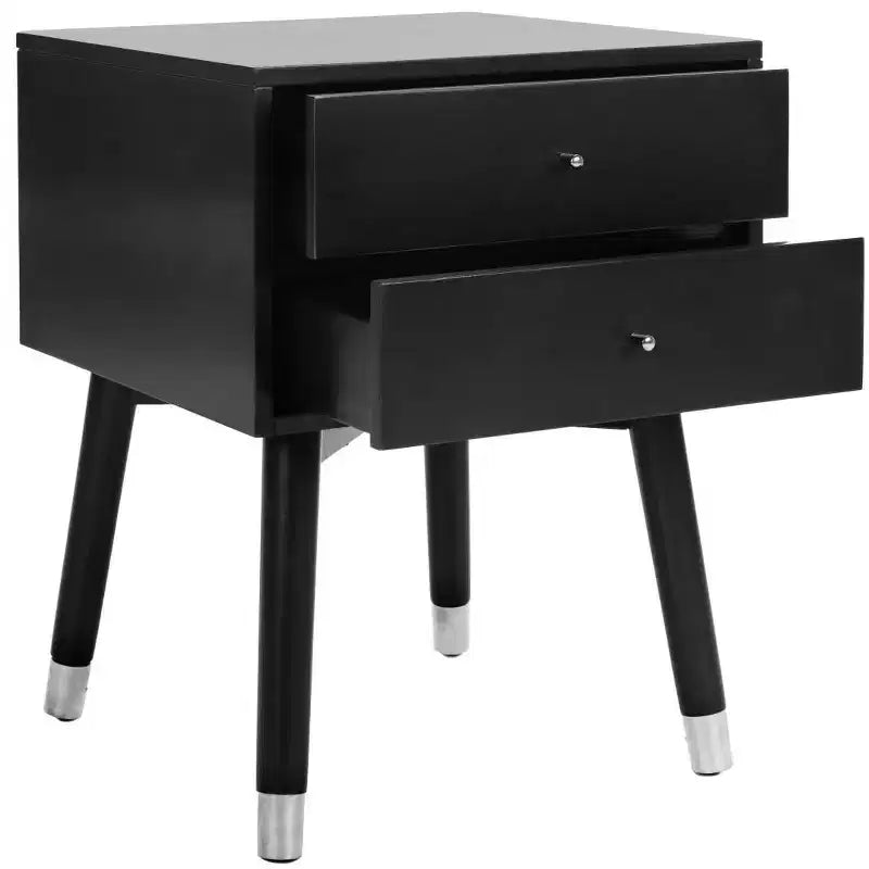 Retro Mid-Century 2-Drawer Nightstand, Navy with Gold Metallic Accents and Splayed Legs
