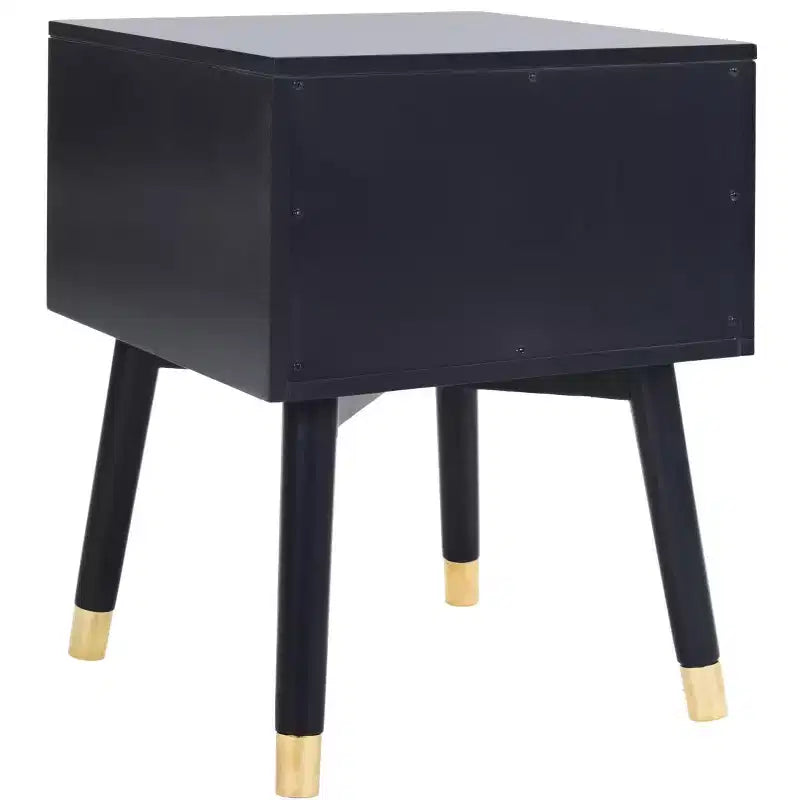 Retro Mid-Century 2-Drawer Nightstand, Navy with Gold Metallic Accents and Splayed Legs