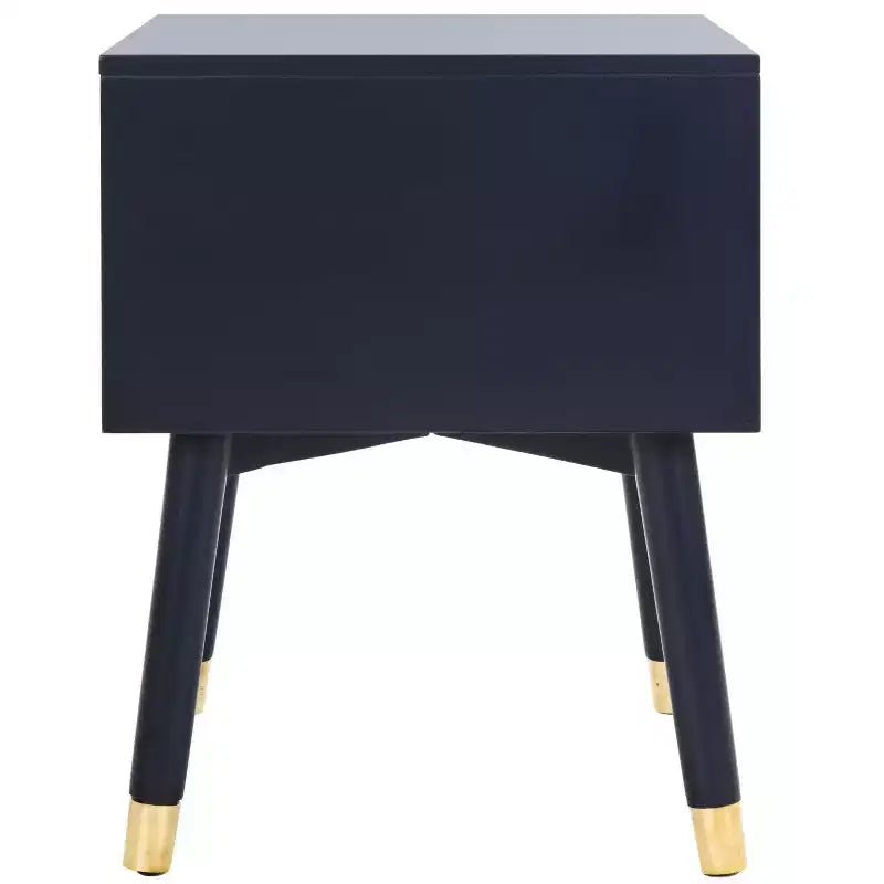 Retro Mid-Century 2-Drawer Nightstand, Navy with Gold Metallic Accents and Splayed Legs