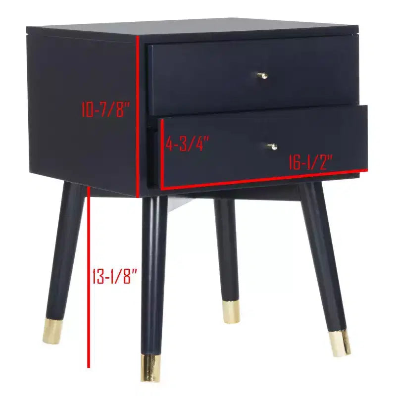 Retro Mid-Century 2-Drawer Nightstand, Navy with Gold Metallic Accents and Splayed Legs