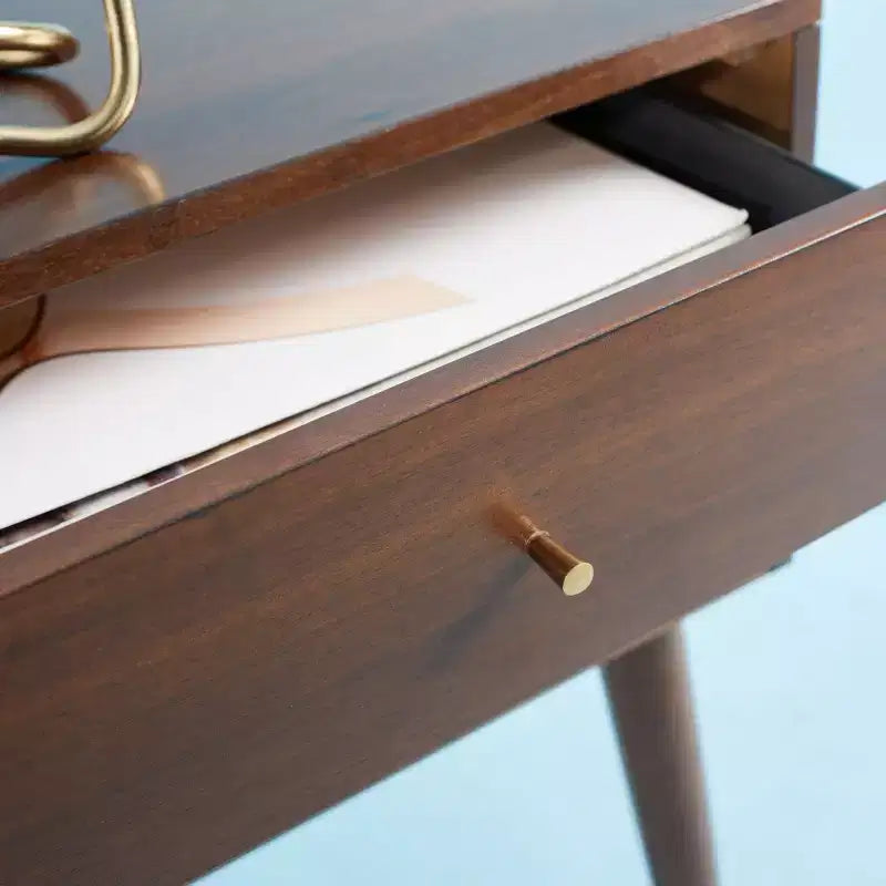 Retro Mid-Century 2-Drawer Nightstand, Navy with Gold Metallic Accents and Splayed Legs