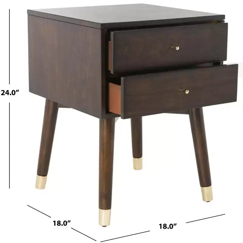 Retro Mid-Century 2-Drawer Nightstand, Navy with Gold Metallic Accents and Splayed Legs