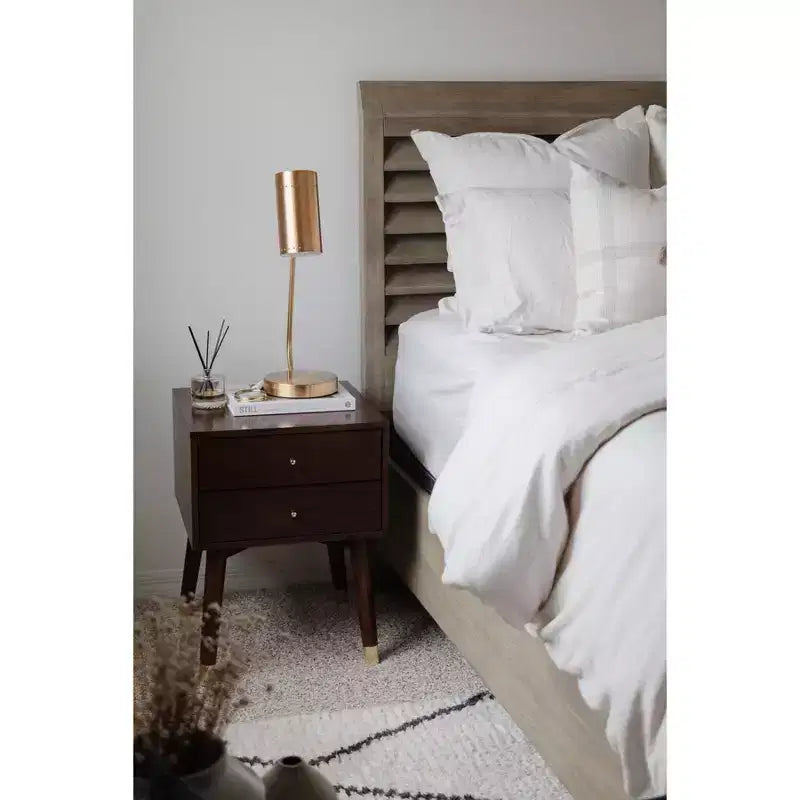 Retro Mid-Century 2-Drawer Nightstand, Navy with Gold Metallic Accents and Splayed Legs