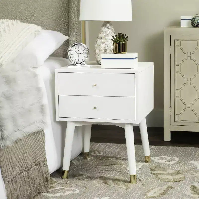 Retro Mid-Century 2-Drawer Nightstand, Navy with Gold Metallic Accents and Splayed Legs