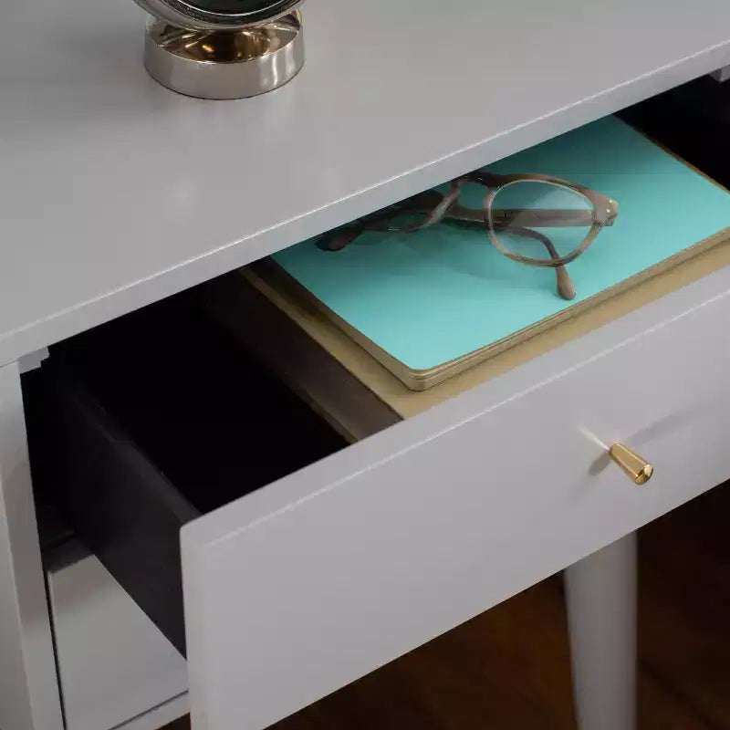 Retro Mid-Century 2-Drawer Nightstand, Navy with Gold Metallic Accents and Splayed Legs