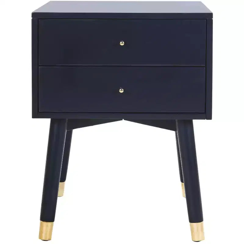 Retro Mid-Century 2-Drawer Nightstand, Navy with Gold Metallic Accents and Splayed Legs