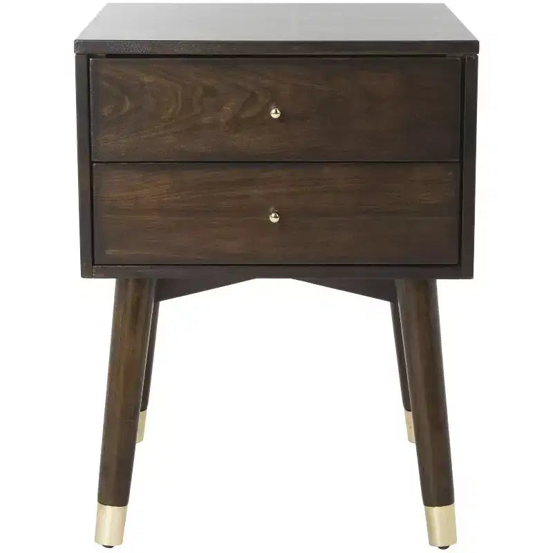 Retro Mid-Century 2-Drawer Nightstand, Navy with Gold Metallic Accents and Splayed Legs