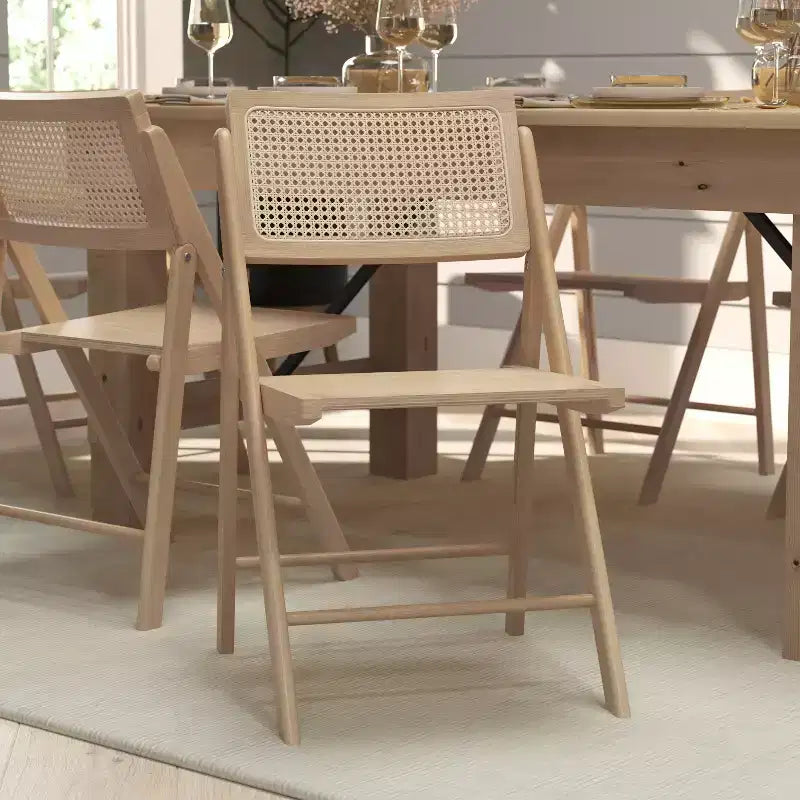Set of 2 Cane Rattan Folding Chairs, Solid Wood Frame, Woven Back, No Assembly