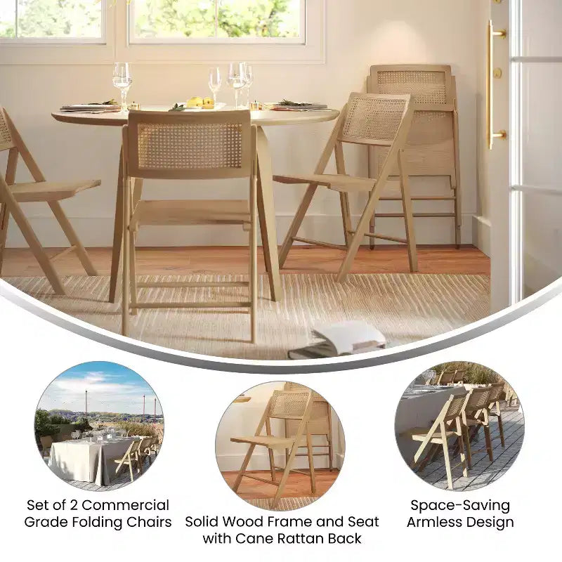 Set of 2 Cane Rattan Folding Chairs, Solid Wood Frame, Woven Back, No Assembly