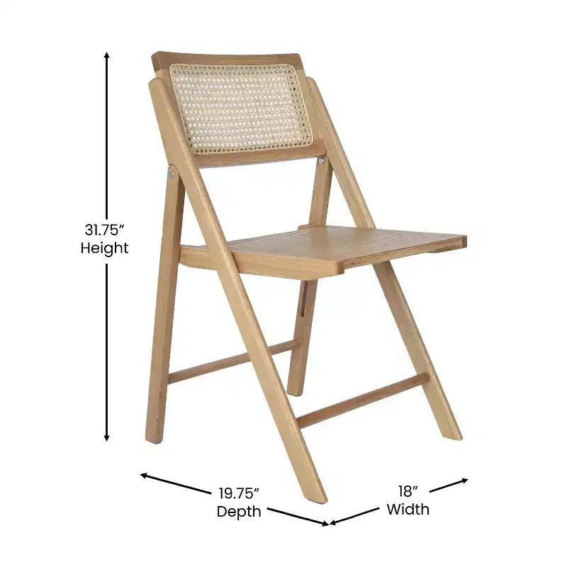 Set of 2 Cane Rattan Folding Chairs, Solid Wood Frame, Woven Back, No Assembly