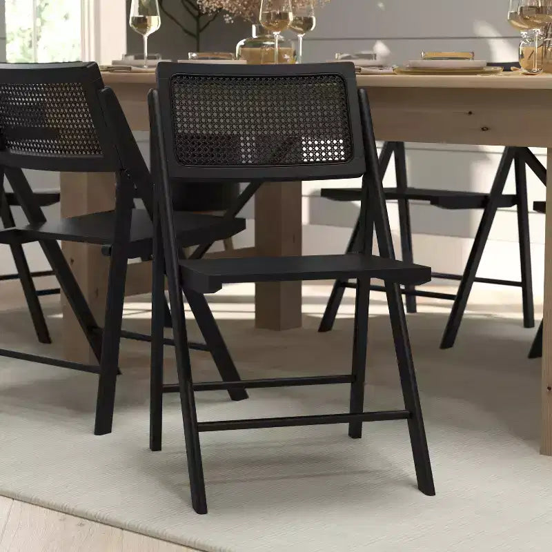 Set of 2 Cane Rattan Folding Chairs, Solid Wood Frame, Woven Back, No Assembly
