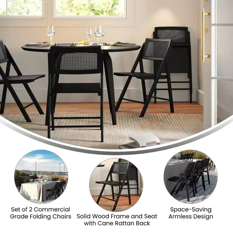 Set of 2 Cane Rattan Folding Chairs, Solid Wood Frame, Woven Back, No Assembly