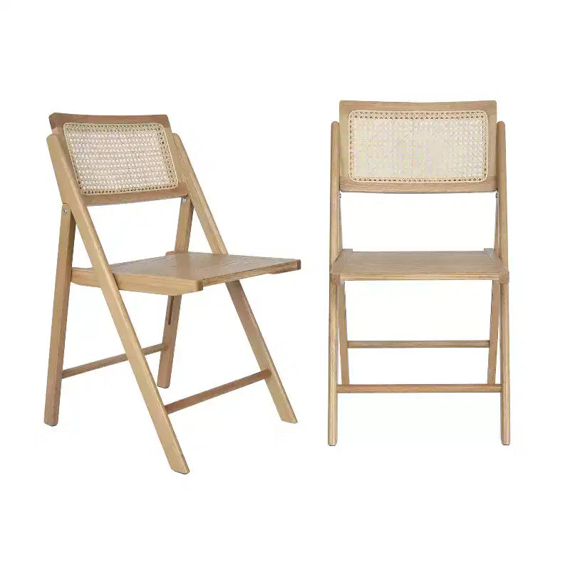 Set of 2 Cane Rattan Folding Chairs, Solid Wood Frame, Woven Back, No Assembly