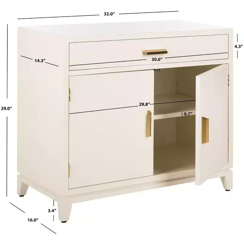 2 Door 1 Drawer Chest, White Finish with Brass Accents, Mahogany Frame, No Assembly
