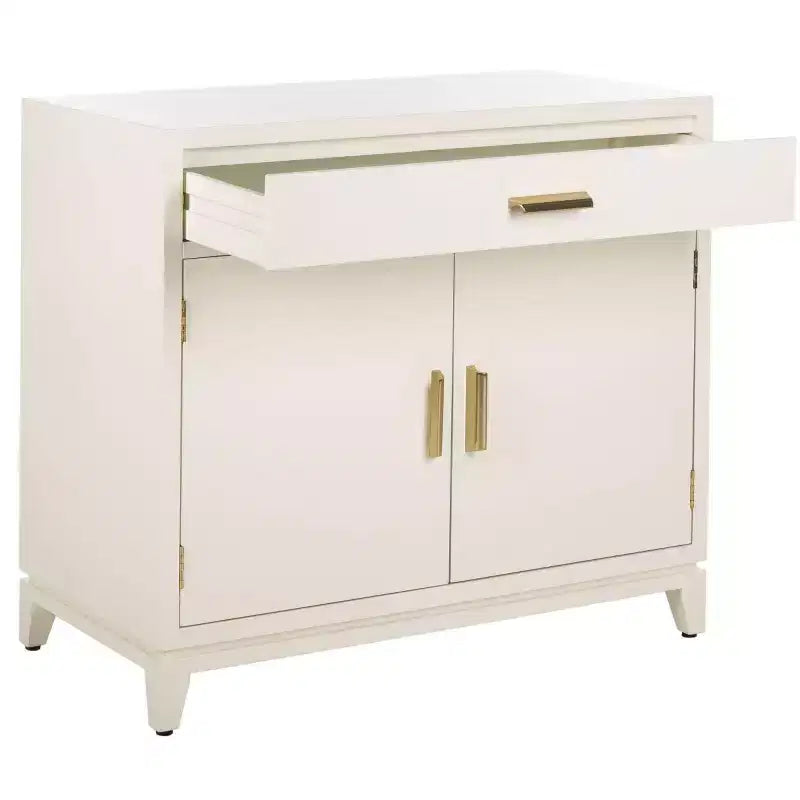 2 Door 1 Drawer Chest, White Finish with Brass Accents, Mahogany Frame, No Assembly