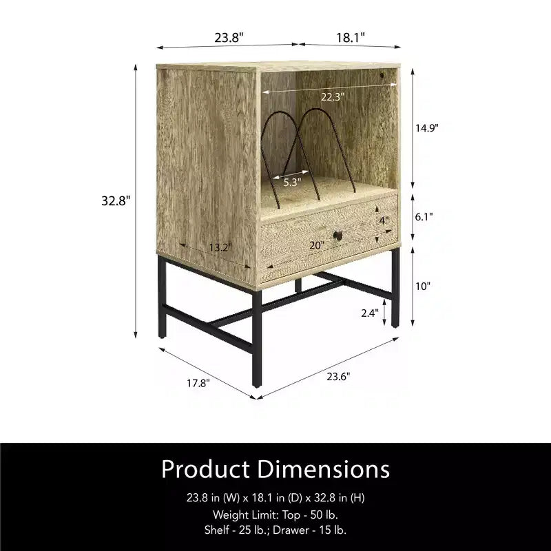 Record Station, Natural Wood Grain Finish with Open Cubby, Dividers and Storage Drawer