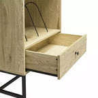 Record Station, Natural Wood Grain Finish with Open Cubby, Dividers and Storage Drawer
