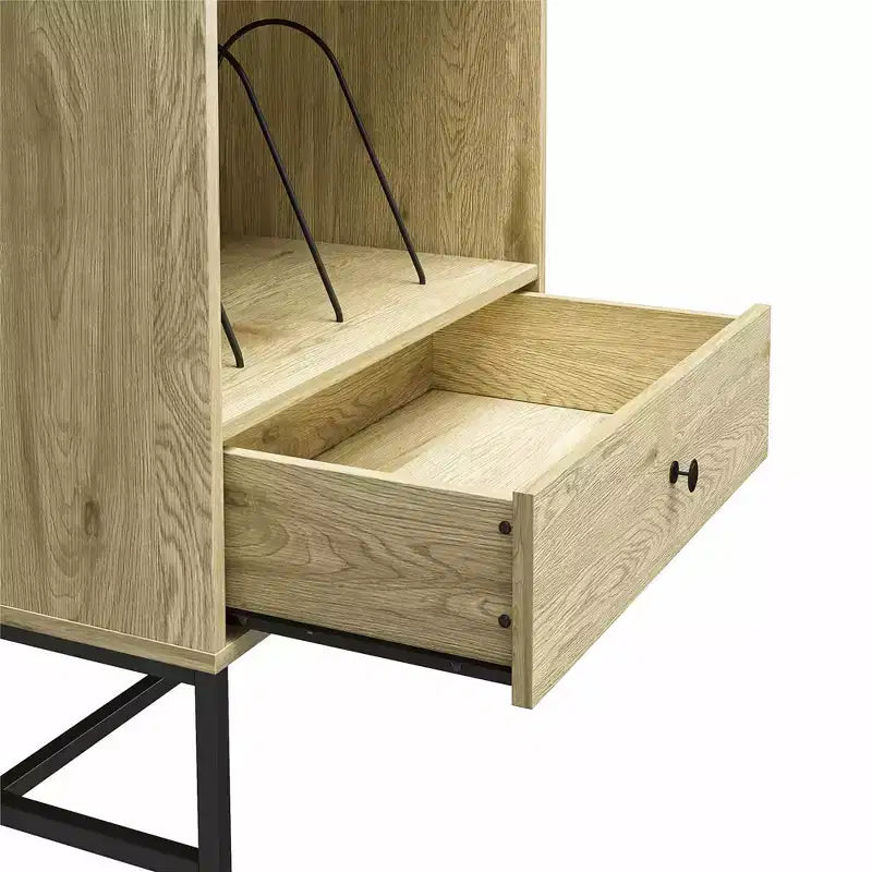 Record Station, Natural Wood Grain Finish with Open Cubby, Dividers and Storage Drawer