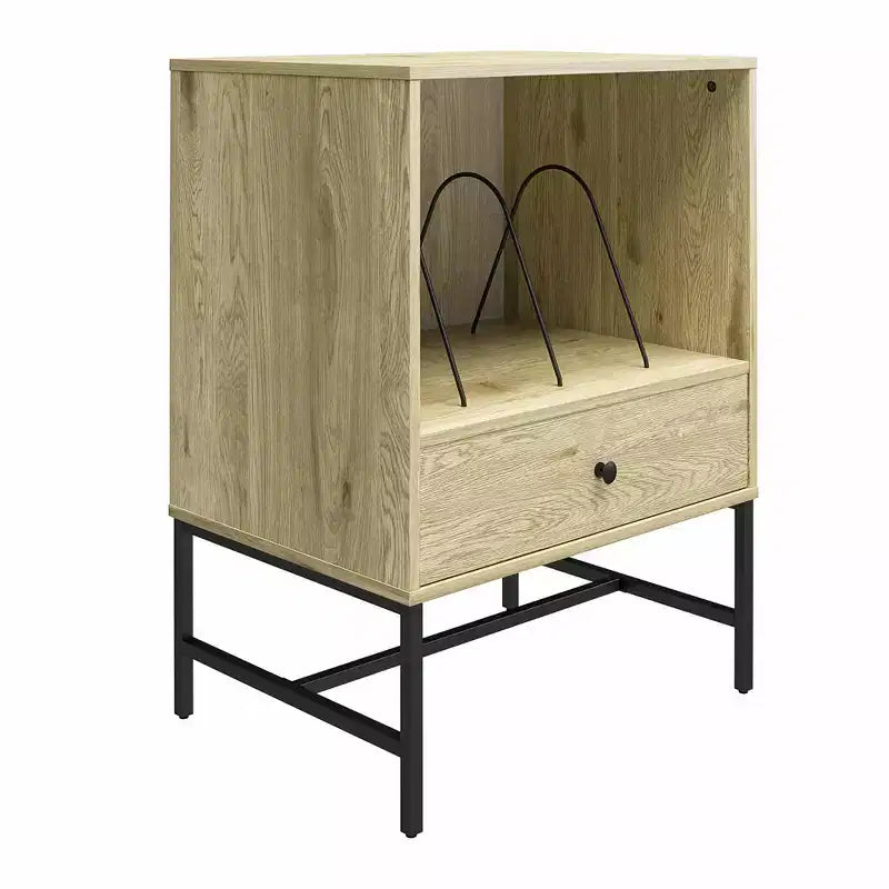Record Station, Natural Wood Grain Finish with Open Cubby, Dividers and Storage Drawer