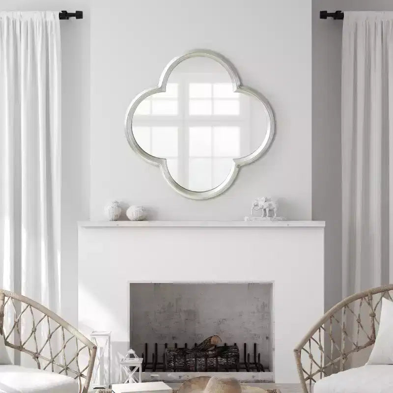 28x28 Scalloped MDF Wall Mirror, Silver Antique Finish Quatrefoil Decorative Mirror
