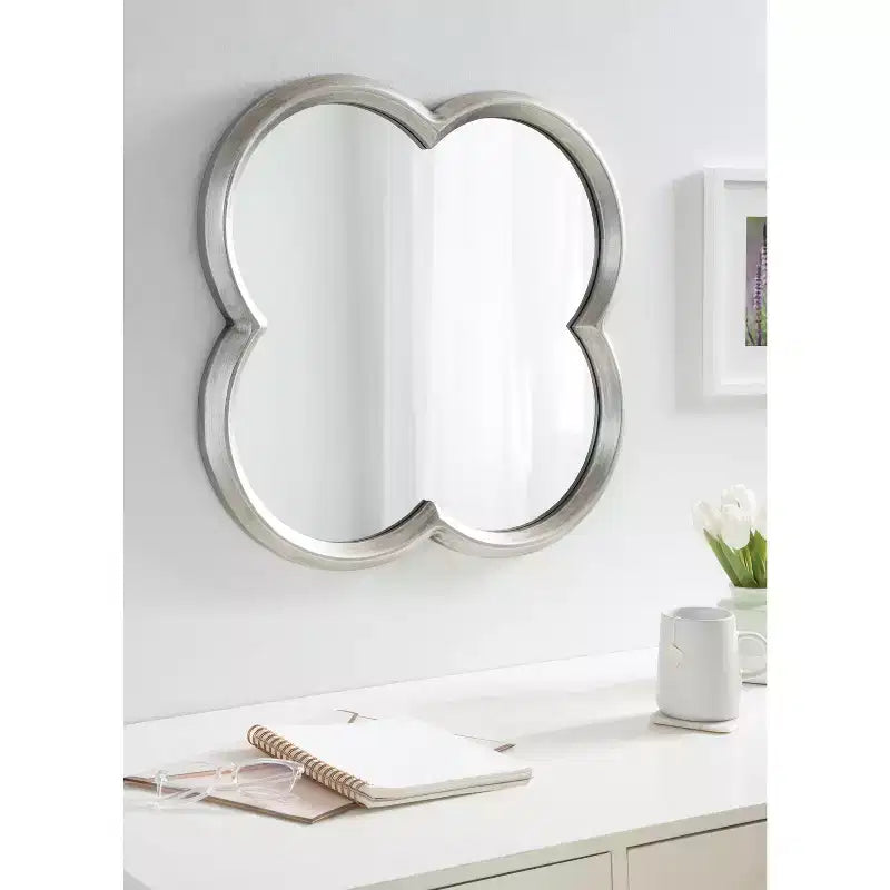 28x28 Scalloped MDF Wall Mirror, Silver Antique Finish Quatrefoil Decorative Mirror