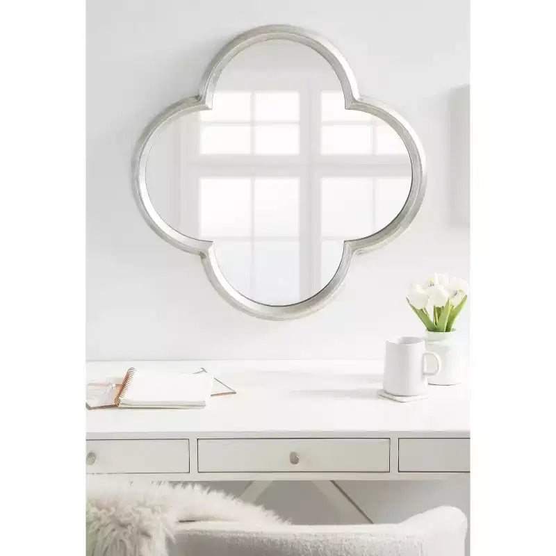 28x28 Scalloped MDF Wall Mirror, Silver Antique Finish Quatrefoil Decorative Mirror