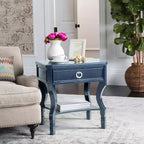 1-Drawer Nightstand, Rubberwood Bedside Table with Open Shelf and High-Gloss Iron Hardware
