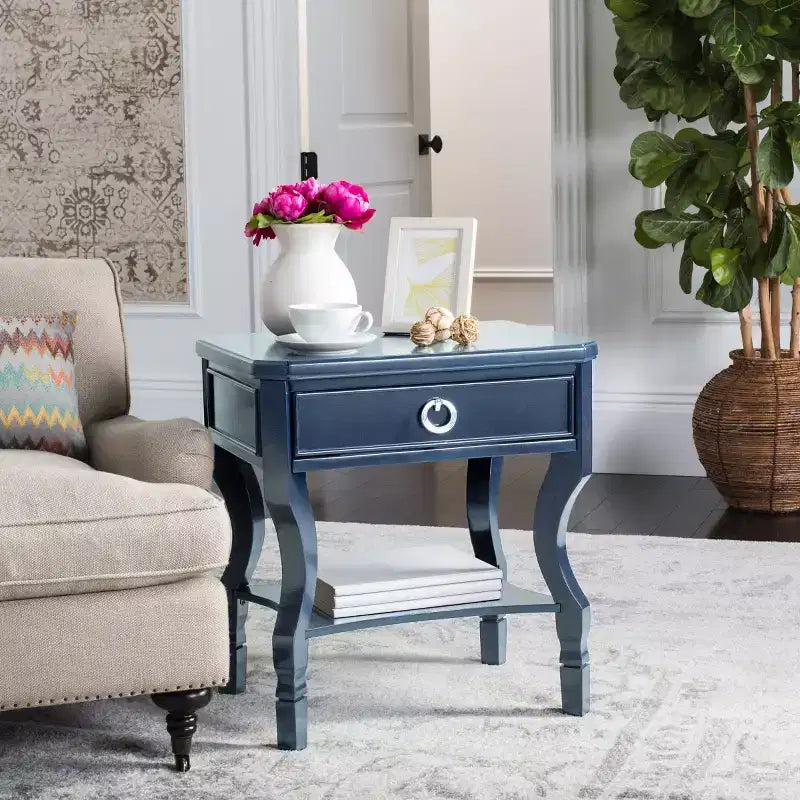 1-Drawer Nightstand, Rubberwood Bedside Table with Open Shelf and High-Gloss Iron Hardware