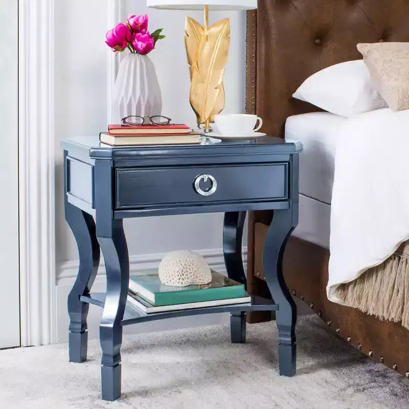 1-Drawer Nightstand, Rubberwood Bedside Table with Open Shelf and High-Gloss Iron Hardware