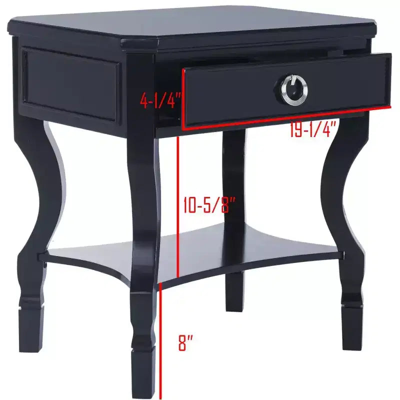 1-Drawer Nightstand, Rubberwood Bedside Table with Open Shelf and High-Gloss Iron Hardware