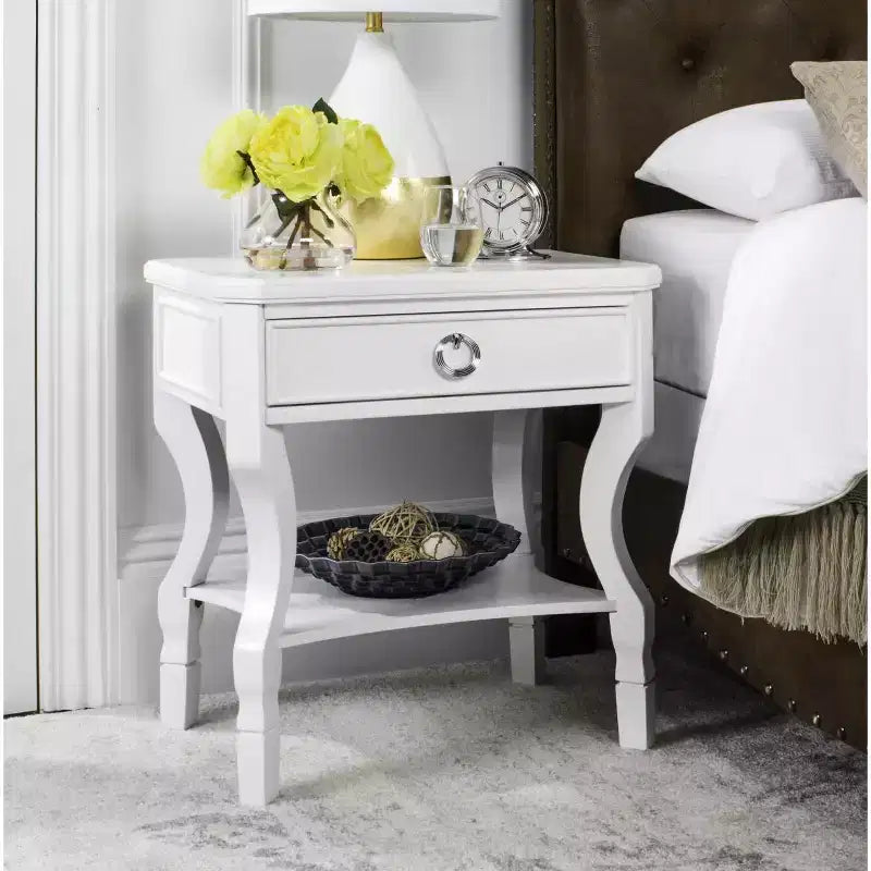 1-Drawer Nightstand, Rubberwood Bedside Table with Open Shelf and High-Gloss Iron Hardware