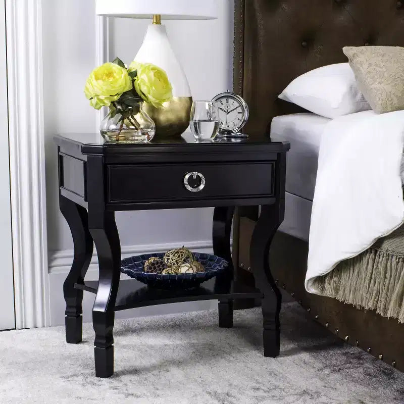 1-Drawer Nightstand, Rubberwood Bedside Table with Open Shelf and High-Gloss Iron Hardware