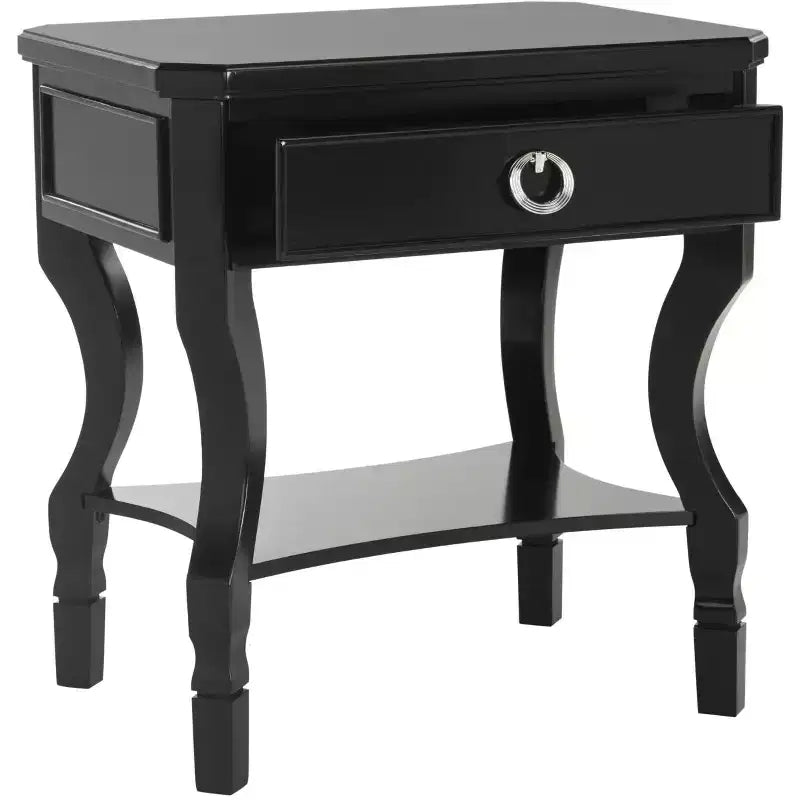 1-Drawer Nightstand, Rubberwood Bedside Table with Open Shelf and High-Gloss Iron Hardware