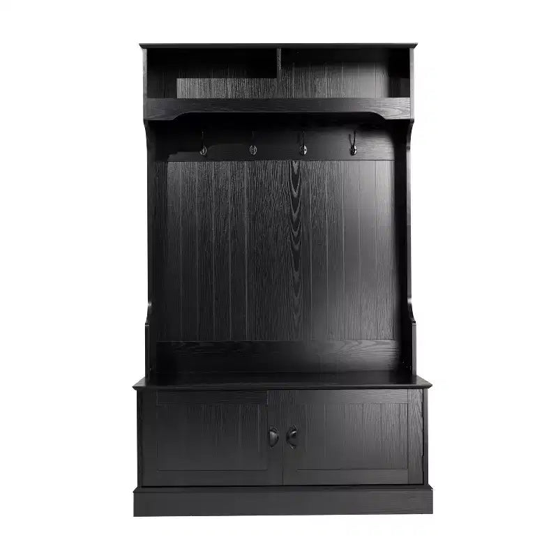 Hallway Tree with Bench Seating, 4 Double Coat Hooks, Upper Storage and Double Door Under-Bench Cabinet