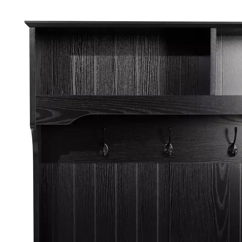 Hallway Tree with Bench Seating, 4 Double Coat Hooks, Upper Storage and Double Door Under-Bench Cabinet